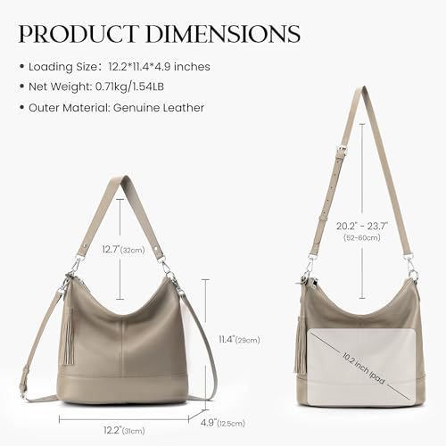 Genuine Leather Hobo Crossbody Bag for Women, Soft Real Leather Bucket, Shoulder Handbag Purse with 2 Removable Strap - color: Taupe-grey