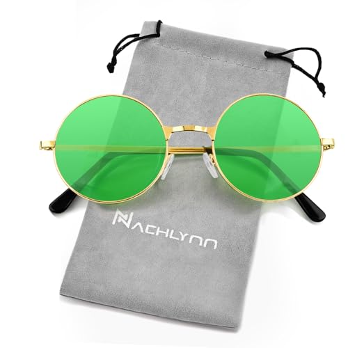 NACHLYNN Round Hippie Sunglasses Metal Border Circle Hippie Glasses UV380 Protection 70s Sunglasses for Men Women Party Favor - color: Green