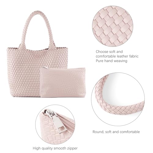 Hand Woven Bag Tote BagS For Women Top Handle Shoulder Vegan Leather Large Travel Beach Hobo Handbag - color: Pink