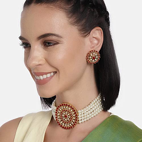 Aheli Pearl Diamond Choker Necklace & Round Earrings Gift for Women Indian Traditional Bollywood Fashion Bharatanatyam jewellery set - color: White & Maroon