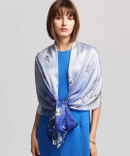 ANDANTINO 100% Silk Long Scarf-Women Large Oblong Shawls with Gift Packed - color: Blue&white Plum Flowers