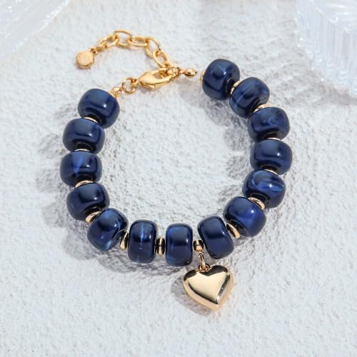 Chunky Beaded Bracelets for Women Boho Multicolor Acrylic Resin Beads Bracelet Adjustable Statement Bracelet Summer Beaded Jewelry - color: Heart beads bracelet-dark blue