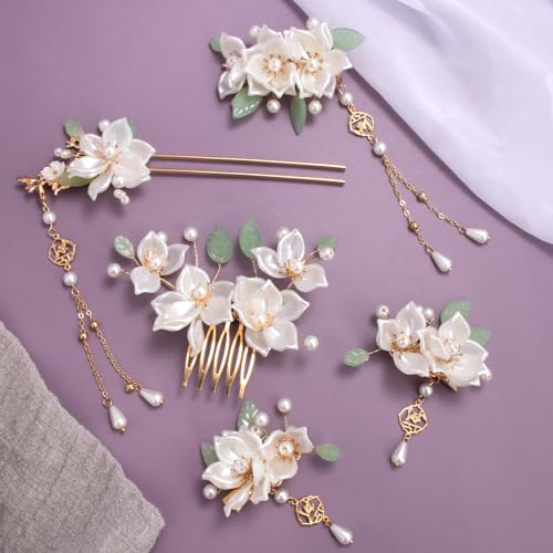 HINZIC 5PCS Camellia Flower Tassels Hairpin, Crystal Rhinestone Pearl Hair Clips Headpiece Retro Chinese Hanfu Wedding Brides Hair Accessories Korean Jewelry for Women Girls Updo Long Hair - color: Camellia