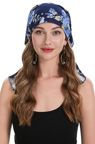 ZLYC Chemo Headwear Pre Tied Head Scarf Headwraps Lightweight Turban Beanie Cap for Women - color: Blue Rose Navy