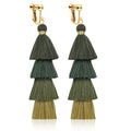 Clip on Earrings, Lightweight Colorful Layered Tassel Bohemian Statement Tiered Big Dangle Drop Earrings for Women, Non Pierced, Boho Jewelry - color: Dark Green
