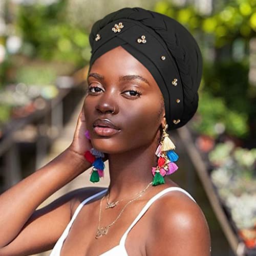 African Women Turban Caps Beanie Pre-Tied Twisted Braids Headwraps for Women Head Scarf Chemo Cancer Headwear Cap - color: 3 Pack Twisted Braid: Gold Bead (Black/Coffee)/Black