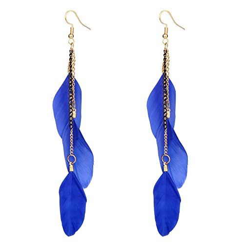 coadipress Boho Piercing Tassel Feather Long Chain Earrings Retro Lightweight Native Feather Dangle Drop Earrings for Women Bohemian Handmade Natural Feathers Earring Jewelry - color: Gem Blue