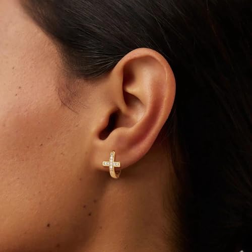 MEVECCO Cross Hoop Earrings 14K Gold Plated Dainty Minimalist Simple Small Faith Cross Huggie Earrings For Women Symbol of Protection Faith Jewelry Gift - style: White-Cross