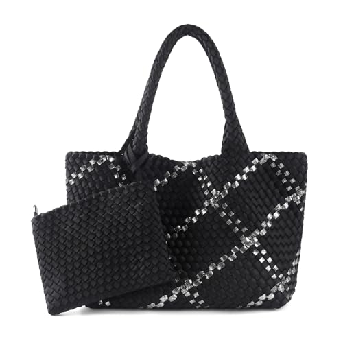 Woven Bag for Women, Large Neoprene Tote Bag Summer Beach Handbag Purse Retro Handmade Travel Shoulder Bag Set - color: Black-s