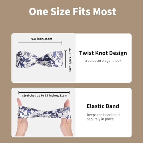 ZLYC Mulberry Silk Headband Elastic Twist Knotted Head Bands for Women's Hair, Floral Navy and White - color: Floral Navy and White