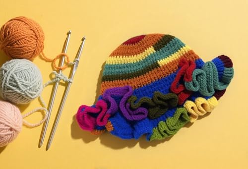 Handmade Crochet Bucket Hat for Women Boho Chic Slouchy Design Colorblock Ruffled Brim Festival&Daily Crochet Hat - color: Red Top Contrasting