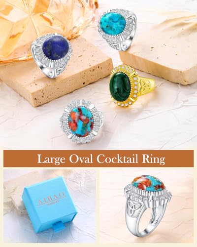 AIBAO 4-12 Ct Large Oval Engagement Rings for Women Natural Turquoise/Lapis Lazuli/Malachite Celtic/Infinity/Love Knot Halo Ring Size 6 to 10 Anniversary Christmas Valentines Gift - style: 7.7 Ct Orange Oyster Turquoise & Created White Sapphire