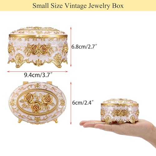 Hipiwe Vintage Metal Jewelry Box - Oval Trinket Organizer Ring Box Case with Rose Pattern Jewelry Storage Box for Ring Earrings Necklace, Gift for Women - color: Beige