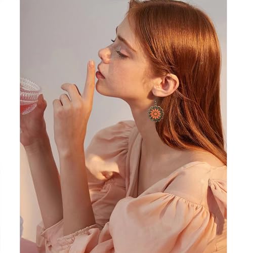 Bohemian Lightweight Vintage Copper Enamel Flower Hollow Dangle Drop Earrings Handmade Retro Circle Floral Hook Earrings For WomenJewelry Gifts - color: Orange