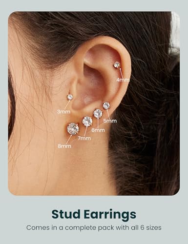 6 Pairs Stud Earrings Set, Hypoallergenic Cubic Zirconia 316L Earrings Stainless Steel CZ Earrings 3-8mm - color: A-002-Rose Gold