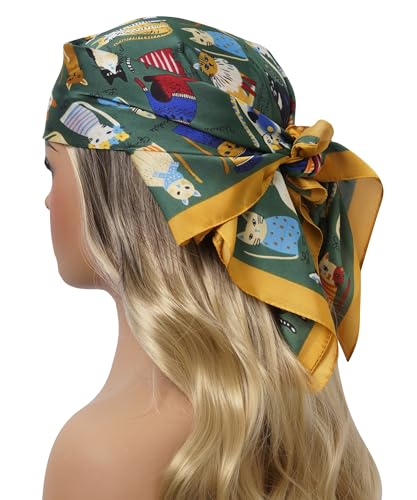 CHUNG Women's Scarf Hair Bandanas Square 27.5" Satin Wrap Fashion Pattern Scarves Emulation Silk Handbag Ribbons Necktie - color: Dark Green Cats