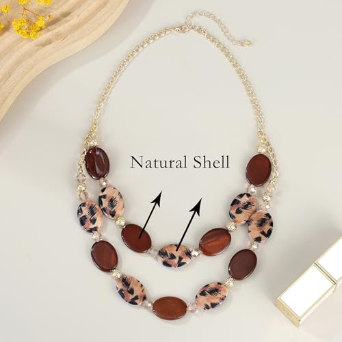 2 Layered Chunky Beaded Shell Necklace for Women Sea Shell blue/yellow/red/green/turquoise/teal/white Statement Necklace and Earring Set Elegant Women Necklace Set Jewelry Sets for Women - color: leopard/brown