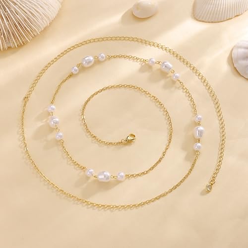 Risamil Waist Chain for Women, Dainty Gold Plated Belly Chain for The Waist Adjustable Waterproof Sexy Bikini Satellite Beads Sparkle Chain Simple Body Chain Summer Jewelry Gifts for Women - style: Pearl3