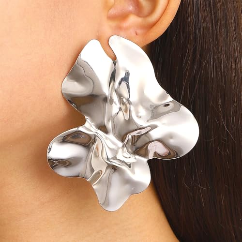 Statement Chunky Gold Large Silver Earrings for Women Trendy, Big Irregular Geometric Dainty Liquid Metal Stud Earrings Simple Prom Party Jewelry Gift - color: Silver -Large