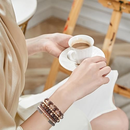 GOOJIDS Surfer Heishi Clay Bead Bracelets for Women Bohemian Stackable Gold Plated Beaded Stretch Bracelets Elastic Layering Friendship Bracelets Set Boho Jewelry - color: W-4 Brown Beads Bracelet