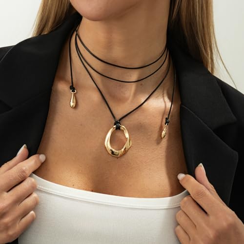 Statement Pendant Necklace for Women Minimalist Black Long Wax Rope Geometric Irregular Circular Pendant Necklace Vintage Adjustable Leather Necklaces Jewelry for Women - style: gold