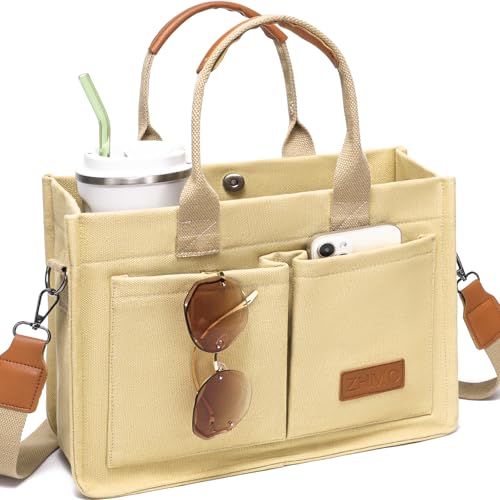 ZHMO Canvas Tote Bag for Women,Women's Bags Crossbody Bags Work Laptop Tote Bag Large Handbags Purse for Travel Nurse Teacher - color: Canvs Cute Khaki With Compartments