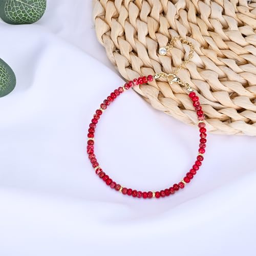Natural Stone Beaded Anklets Bracelets for Women Handmade Beaded Anklet Bracelet Waterproof Boho Beads Ankle Bracelet Adjustable Summer Jewelry - color: red