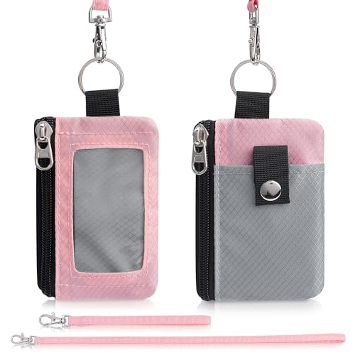 Artpaxy Minimalist Wallet For Mens Womens, Keychain RFID Blocking Zipper Small Wallet with ID Window 2 Lanyards,Water Resistant Travel Cash Card Coin Case Boys Girls - color: Light pink+Grey, style: Classic
