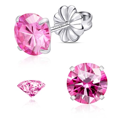Moissanite Stud Earrings, G23 Hypoallergenic Titanium Stud Earrings for Women Men, Round Cut D Color VVS1 Clarity 18K White Gold Palted Multicolor Moissanite Jewelry, 0.6CT-3.0CT - color: Pink, size: (1.0ct*2)-6.5mm-2.0 Carat