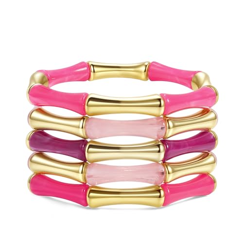 Gold Tube Bangle Bracelets for Women Stackable Bamboo Chunky Acrylic Beads Stretch Friendship Summer Beach Bracelet Jewelry - color: Colorful 01