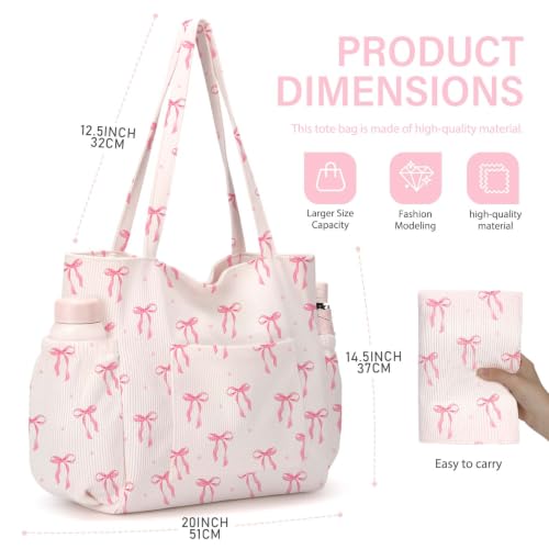 Corduroy Tote Bag for Women,Large Capacity Cute Tote Bags With 6 Pockets,Crossbody Shoulder Handbag for Work Travel Gym - color: A-watercolor Bows
