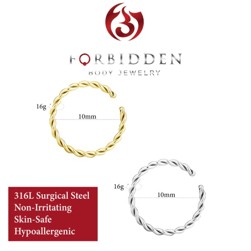 Forbidden Body Jewelry Nose Rings Set Surgical Steel Braided Hoops for Pierced and Fake Nose and Cartilage Piercings 14G-20G - style: 16g 10mm Silver/Gold Tone (2Pcs)