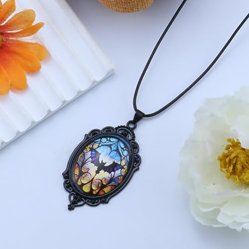 Halloween Gothic Witch Necklaces Cross Glass Pendant Necklace for Women Punk Vintage Black Dark Oval Cameo Necklace Witch Emo Necklaces Halloween Jewelry Witch Accessories 2025 - style: Bat