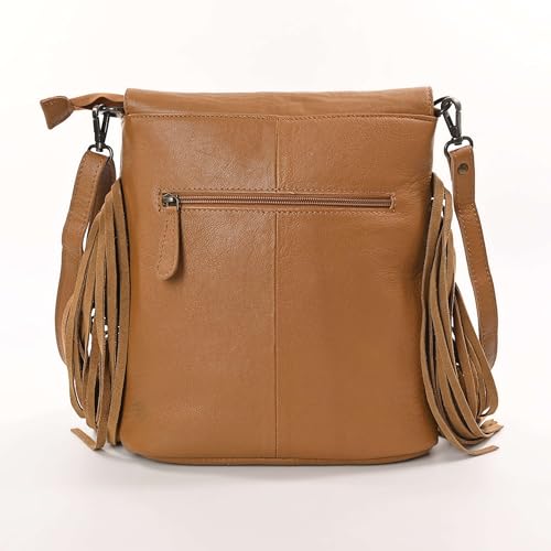 Merbaa Sunset Star Crossbody Bag - Real Cowhide Hairon Women's Handbag with Leather Fringes - color: Tan