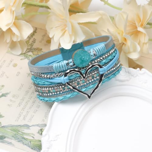 Leather Wrap Bracelet for Women, Boho Cuff Bracelet with Strong Clasp, Multi-Layer Crystal Leather Bracelet for Valentine Mother's Day - color: 01-Heart-Light Blue