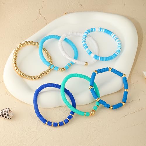 GOOJIDS Surfer Heishi Clay Bead Bracelets for Women Bohemian Stackable Gold Plated Beaded Stretch Bracelets Elastic Layering Friendship Bracelets Set Boho Jewelry - color: B-Blue New Set