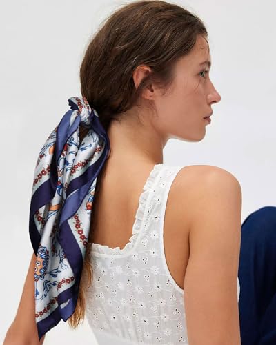 AWAYTR 27.5” Square Satin Head Scarf Hair Scarf for Women's Hair Silk Bandana for Women Silk Head Wrap for Sleeping - color: Flower (Dark Blue + White)