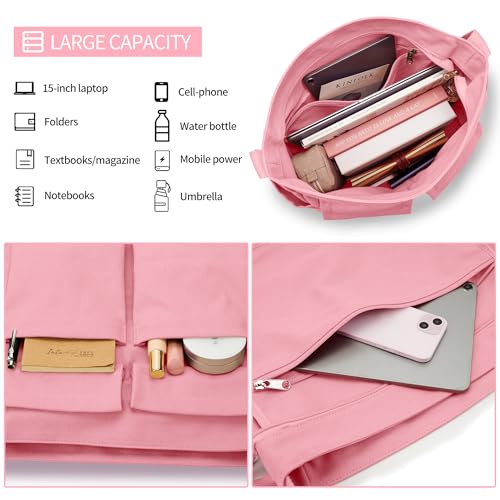 KALIDI Canvas Tote Bag Large Hobo Crossbody Shoulder Handbag Zipper Messenger Bag for Women or Men Casual College Work - color: Upgraded Pink