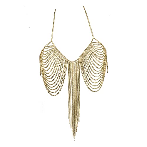Chran Summer Beach Bra Top Chain Sexy Bikini Accessories Body Chains for Women Golden Necklace Party Jewelry - style: gold