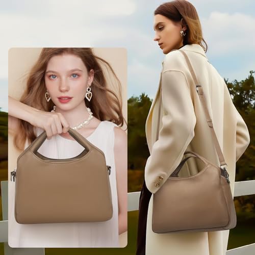 KOGTLA Medium Genuine Leather Purses for Women with Detachable Satchel Strap, Ladies Soft Handbags, Tote Hobo Bags - color: Khaki