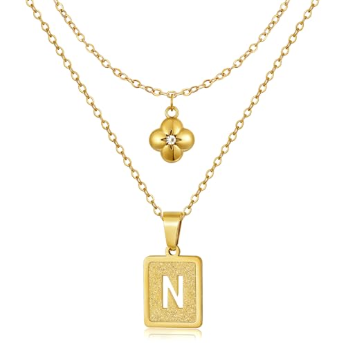 KELORIS PATH Layered Initial Necklaces for Women, 18K Gold Plated Stainless Steel Necklaces Set with Dainty Four Leaf Clover Square Cutout Letter Pendant, Fashion Jewelry for Gifts - style: N Letter