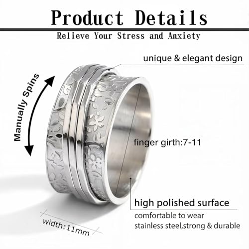 Stainless Steel Rings for Men Women, Vintage Chunky Silver Spinner Ring Band for Meditation, Relaxation& Stress Relief, Retro Wide Wrap Thumb Finger Midi Rings, Statement Cool Punk Band Ring Jewelry - color: R08Color3