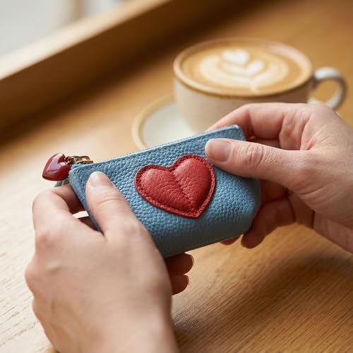 Red Heart Design Small Coin Purse - Cute Compact Keychain Change Purse Soft Leather Wallet with Zipper for Women (Light Blue) - color: Light Blue