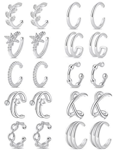 Tornito 4-10 Pairs Stainless Steel Ear Cuff Helix Cartilage Clip On Wrap Earrings Fake Nose Ring Non-Piercing Adjustable - color: A7:10Pairs, Silver Tone