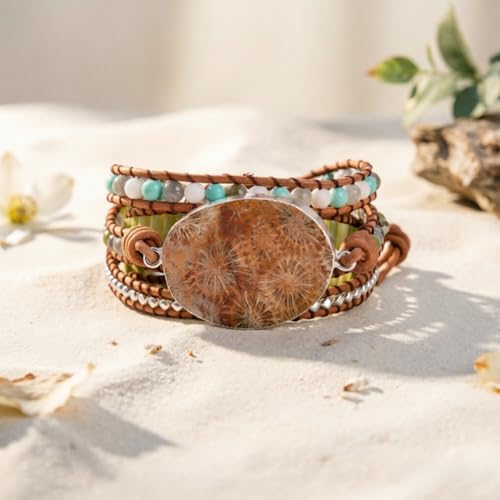 YGLINE Boho Handmade Wrap Leather Tube Crystal Stone Bracelet for Women - color: Agalmatolite