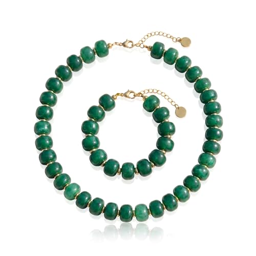 Gmai Chunky Bead Necklace and Bracelet Set for Women Boho Big Bead Statement Necklace Adjustable Fashion Trendy Summer Necklaces Jewelry Gift Set - color: green 2pcs set