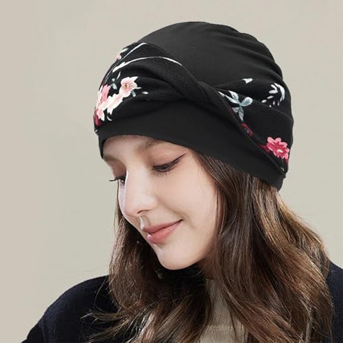 Women Knot Slouchy Beanie Chemo Hat Twist Stretch Cancer Head Wraps Sleep Head Scarf - color: Black Red Flowers