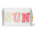 Preppy Patch Sun Cosmetic Bag Summer Sunscreen PU Leather Toiletry Makeup Bag Portable Waterproof Makeup Pouch Travel Beach Pouch Daily Use Zipper Purse for Women Girls Birthday Gifts - color: White, style: Sun