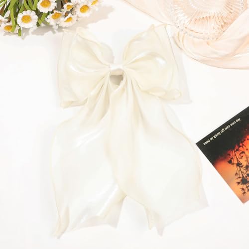 Large Hair Bow Clips for Women, Beige Bow Hair Barrettes with Long Tail French Hair Ribbon Clips Hair Accessories for Girls (Beige) - color: Beige