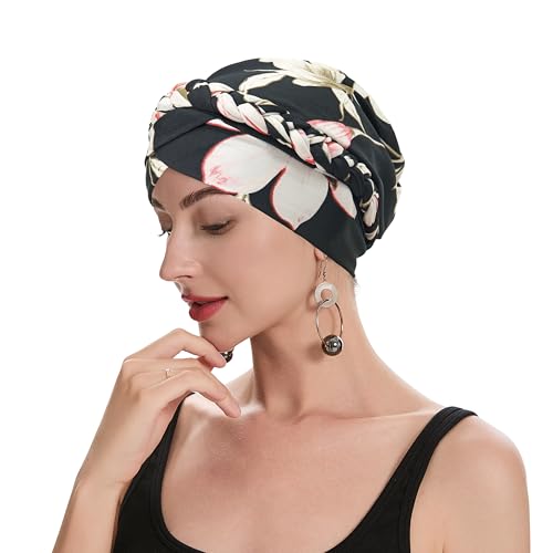 ZLYC Chemo Headwear for Women Pre Tied Turban Headwear Lightweight Beanie Hat - color: Braid Floral Black